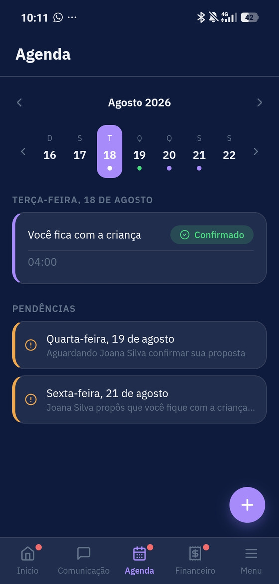 Tela Agenda do PorEles, com calendário de convivência e pendências de confirmação