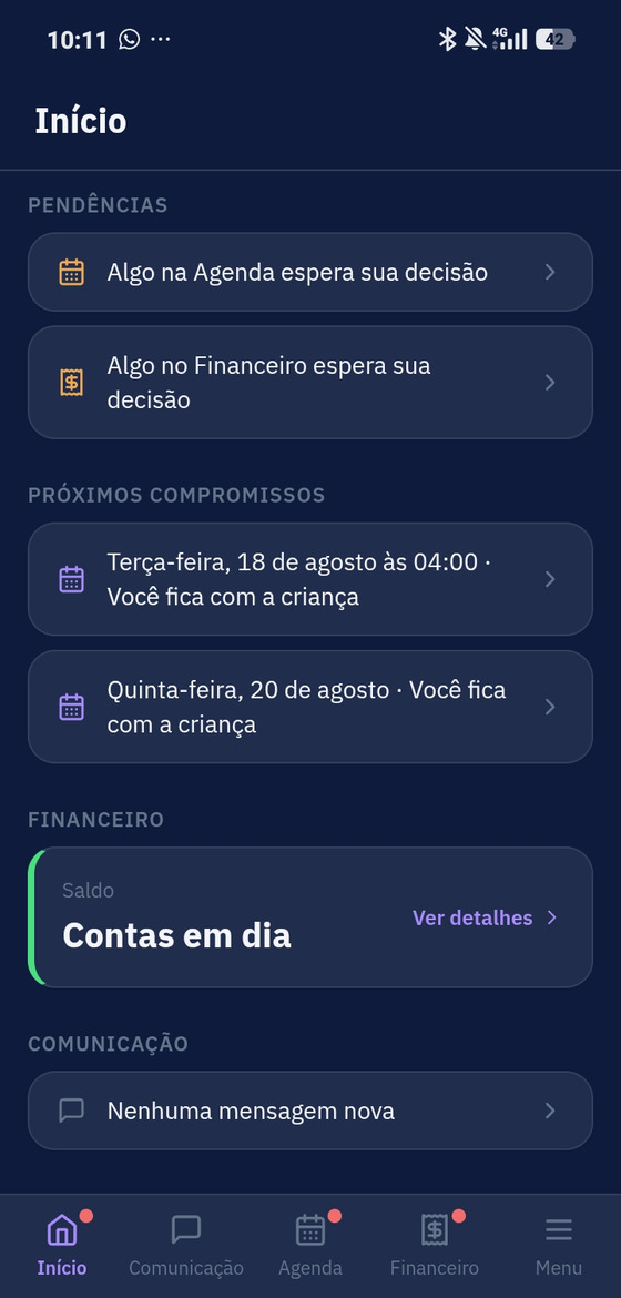 Tela Início do PorEles, com pendências, próximos compromissos e resumo financeiro